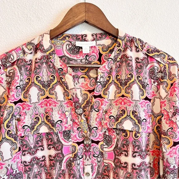 Charter Club Women’s L Button Up Paisley Scroll Print Long Sleeve Career Blouse - Picture 2 of 9